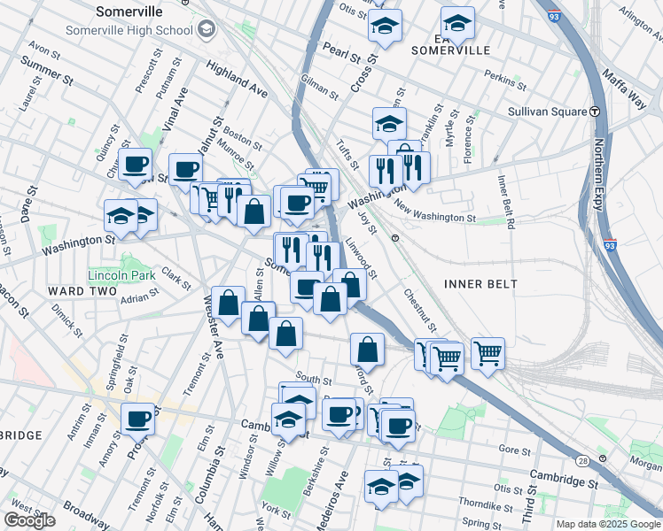 map of restaurants, bars, coffee shops, grocery stores, and more near 185 Somerville Avenue in Somerville