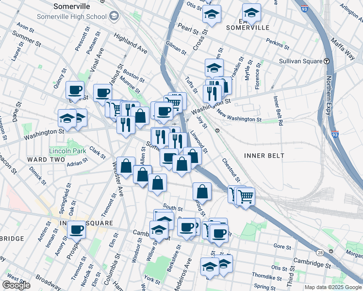 map of restaurants, bars, coffee shops, grocery stores, and more near 185 Somerville Avenue in Somerville