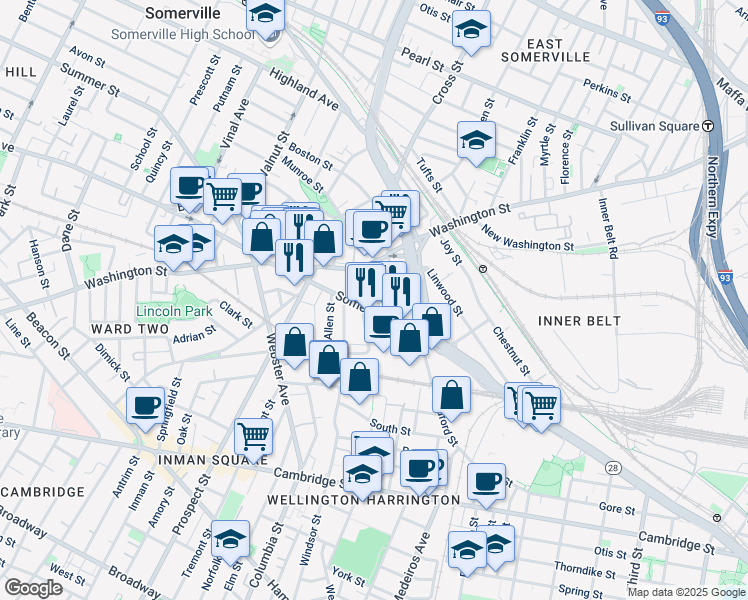map of restaurants, bars, coffee shops, grocery stores, and more near 03 Rossmore Street in Somerville