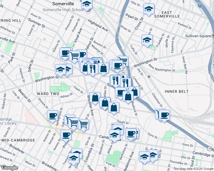 map of restaurants, bars, coffee shops, grocery stores, and more near 12 Linden Street in Somerville