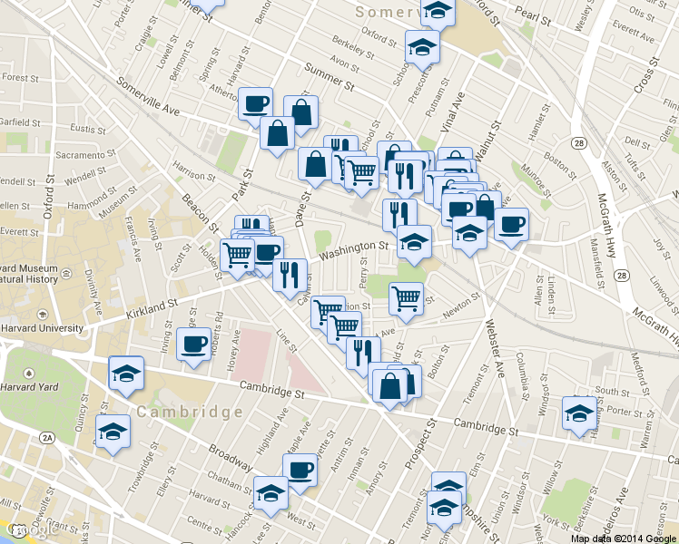 map of restaurants, bars, coffee shops, grocery stores, and more near 35 Rose Street in Somerville