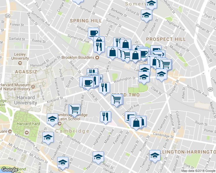 map of restaurants, bars, coffee shops, grocery stores, and more near 24 Beacon Place in Somerville