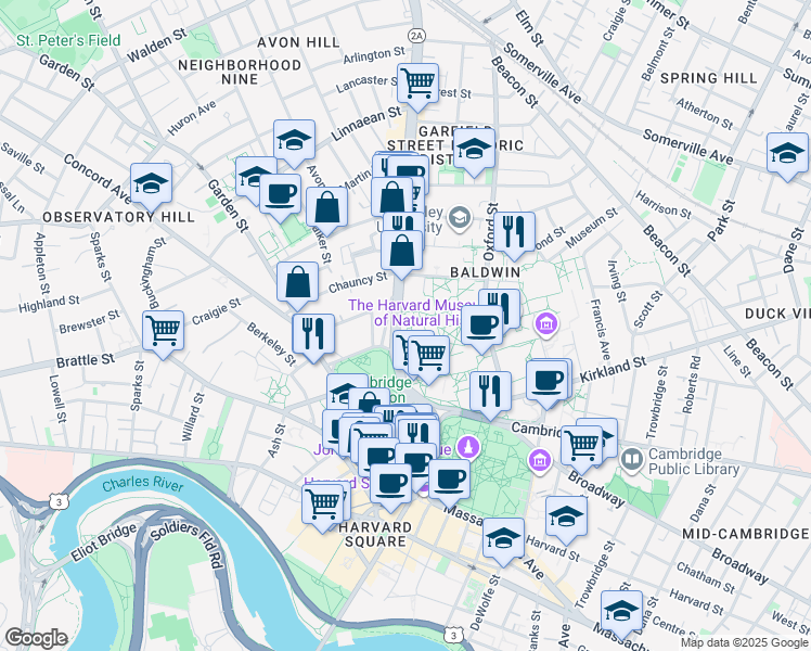 map of restaurants, bars, coffee shops, grocery stores, and more near 1541 Massachusetts 2A in Cambridge