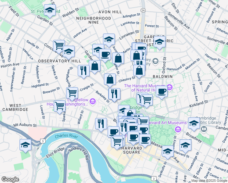 map of restaurants, bars, coffee shops, grocery stores, and more near in Cambridge