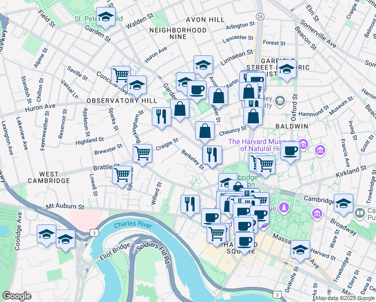map of restaurants, bars, coffee shops, grocery stores, and more near in Cambridge