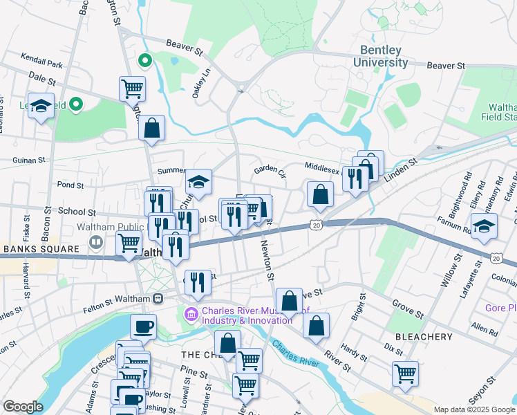 map of restaurants, bars, coffee shops, grocery stores, and more near 18 Harris Street in Waltham