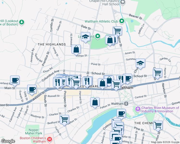 map of restaurants, bars, coffee shops, grocery stores, and more near 47b Bacon Street in Waltham