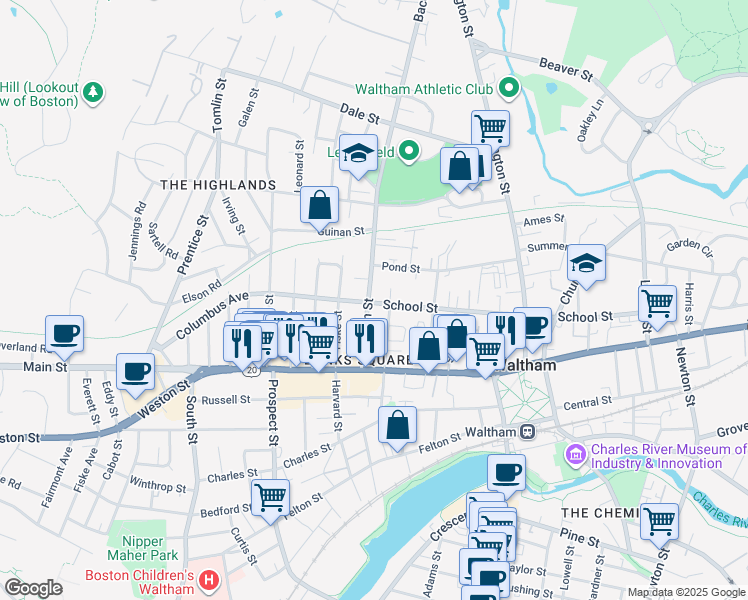 map of restaurants, bars, coffee shops, grocery stores, and more near 47b Bacon Street in Waltham