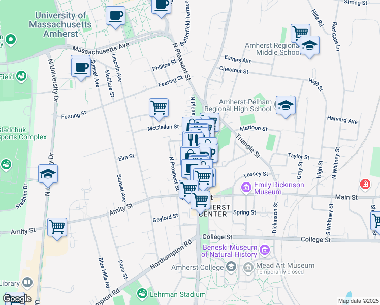 map of restaurants, bars, coffee shops, grocery stores, and more near 168 North Pleasant Street in Amherst