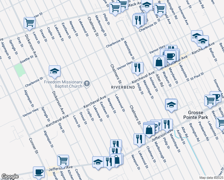 map of restaurants, bars, coffee shops, grocery stores, and more near 14201 Kercheval Avenue in Detroit