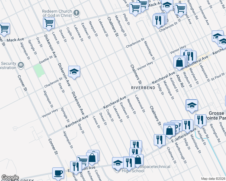 map of restaurants, bars, coffee shops, grocery stores, and more near 2135 Eastlawn Street in Detroit