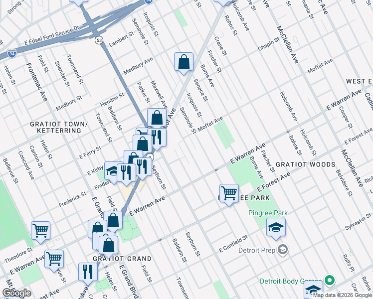 map of restaurants, bars, coffee shops, grocery stores, and more near 5101 Maxwell Avenue in Detroit