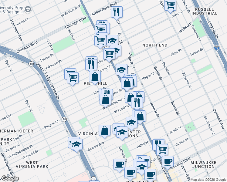 map of restaurants, bars, coffee shops, grocery stores, and more near 87 Pingree Street in Detroit