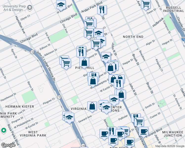 map of restaurants, bars, coffee shops, grocery stores, and more near 158 Pingree Street in Detroit