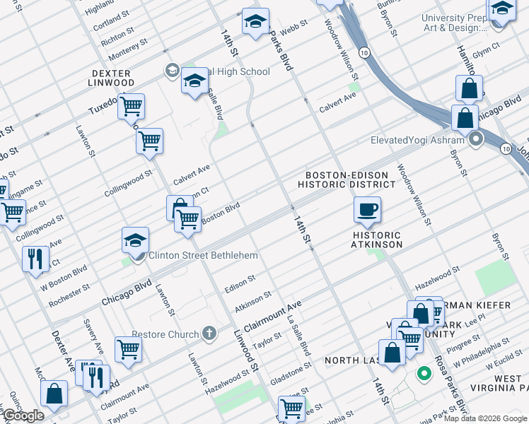 map of restaurants, bars, coffee shops, grocery stores, and more near 2324 Chicago Boulevard in Detroit