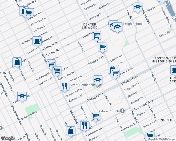 map of restaurants, bars, coffee shops, grocery stores, and more near 2959 Calvert Avenue in Detroit