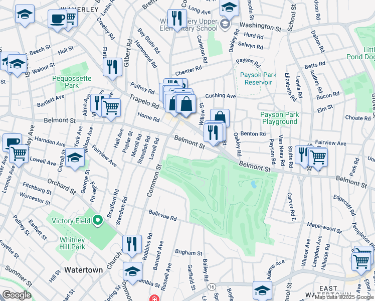 map of restaurants, bars, coffee shops, grocery stores, and more near 17 Alden Road in Watertown