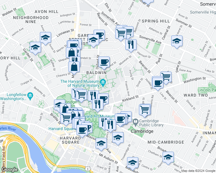 map of restaurants, bars, coffee shops, grocery stores, and more near 21 Divinity Avenue in Cambridge