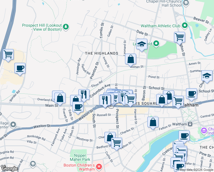map of restaurants, bars, coffee shops, grocery stores, and more near 30 Columbus Avenue in Waltham