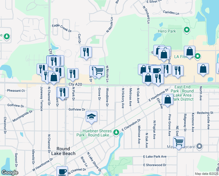 map of restaurants, bars, coffee shops, grocery stores, and more near 1618 Round Lake Drive in Round Lake Beach