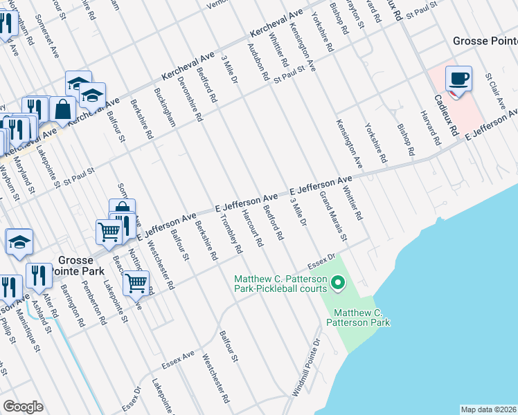 map of restaurants, bars, coffee shops, grocery stores, and more near 936 Harcourt Road in Grosse Pointe Park
