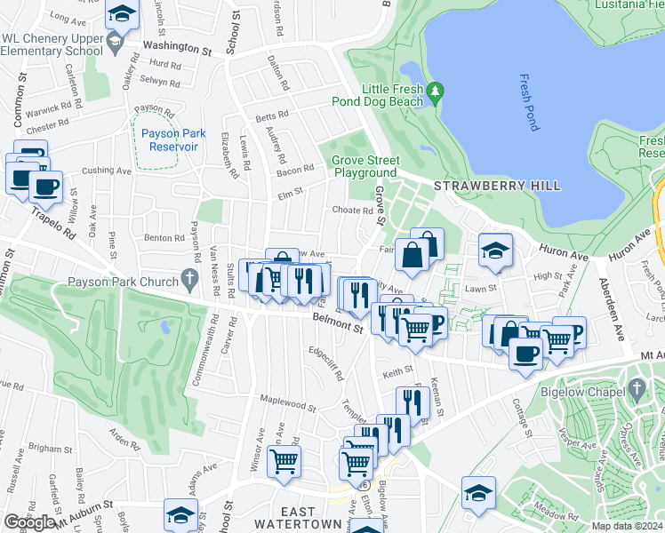 map of restaurants, bars, coffee shops, grocery stores, and more near 45 Falmouth Street in Belmont