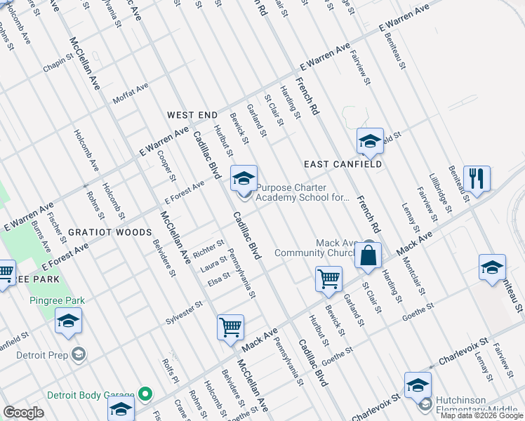 map of restaurants, bars, coffee shops, grocery stores, and more near 4280 Hurlbut Street in Detroit