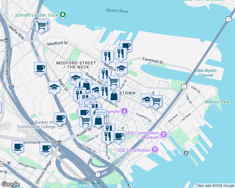 map of restaurants, bars, coffee shops, grocery stores, and more near in Boston