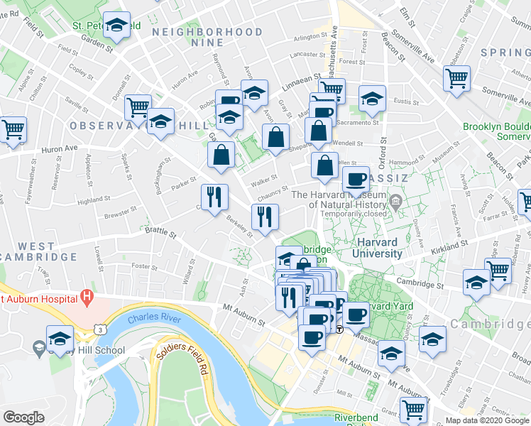 map of restaurants, bars, coffee shops, grocery stores, and more near 1 Follen Street in Cambridge