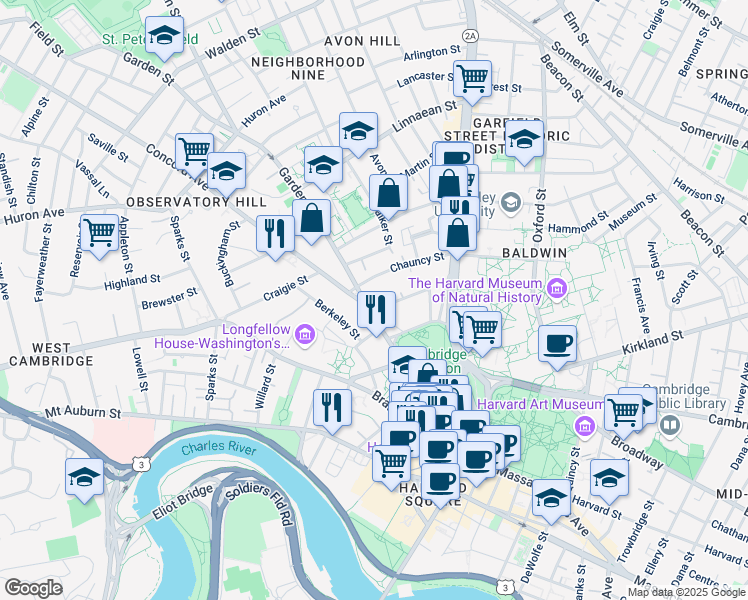 map of restaurants, bars, coffee shops, grocery stores, and more near 1 Follen Street in Cambridge