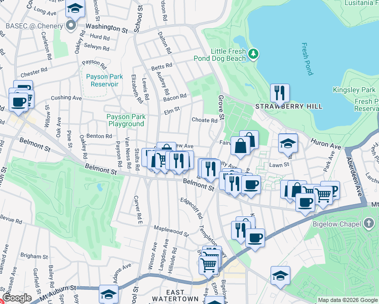map of restaurants, bars, coffee shops, grocery stores, and more near 74 Unity Avenue in Belmont