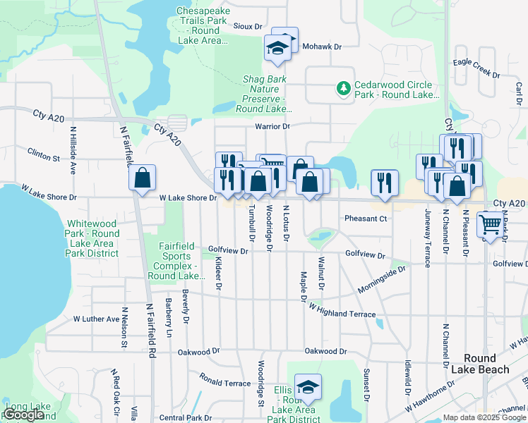 map of restaurants, bars, coffee shops, grocery stores, and more near 1613 North Woodridge Drive in Round Lake Beach