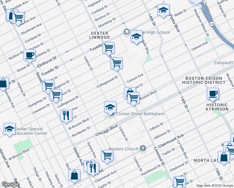 map of restaurants, bars, coffee shops, grocery stores, and more near 2690 West Boston Boulevard in Detroit