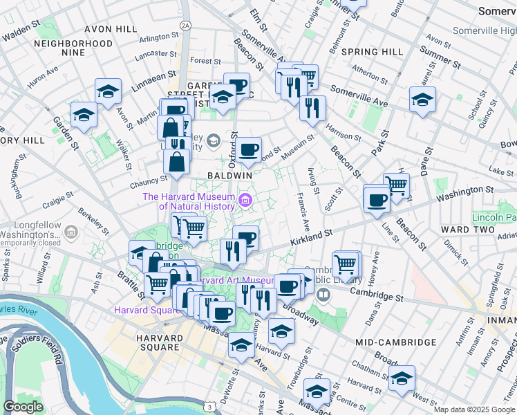 map of restaurants, bars, coffee shops, grocery stores, and more near 21 Divinity Avenue in Cambridge