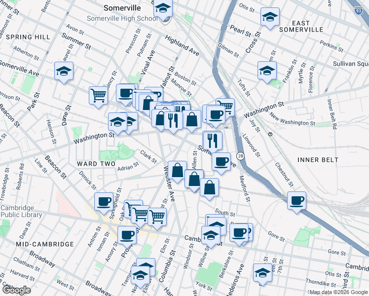 map of restaurants, bars, coffee shops, grocery stores, and more near 21 Allen Street in Somerville