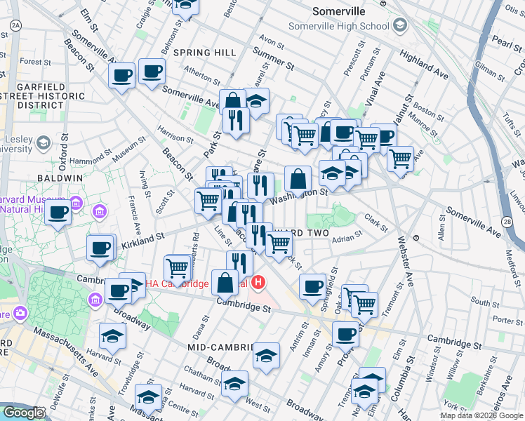 map of restaurants, bars, coffee shops, grocery stores, and more near 3 Calvin Street in Somerville
