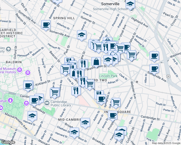 map of restaurants, bars, coffee shops, grocery stores, and more near 35 Rose Street in Somerville