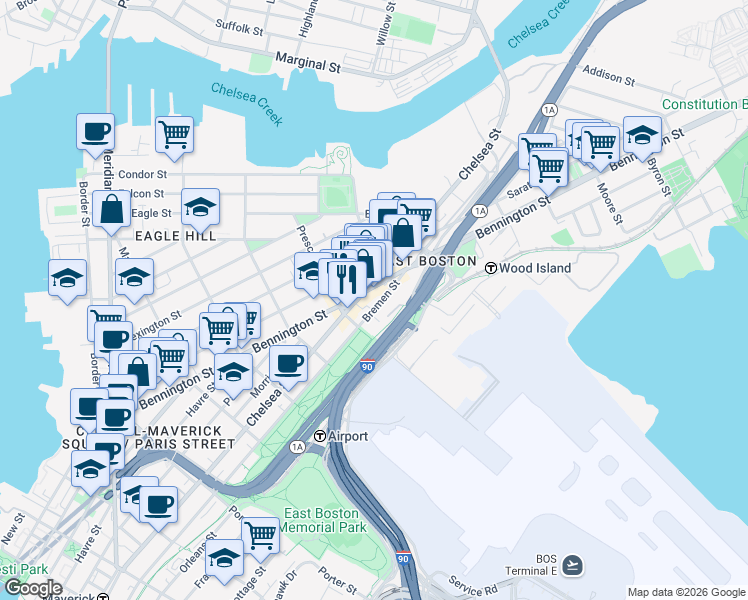 map of restaurants, bars, coffee shops, grocery stores, and more near 375 Bremen Street in Boston