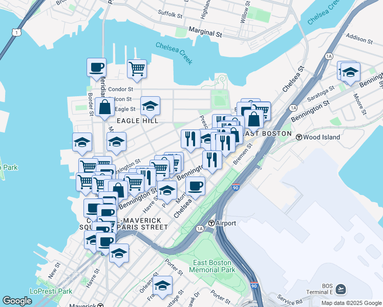 map of restaurants, bars, coffee shops, grocery stores, and more near 245 Saratoga Street in Boston