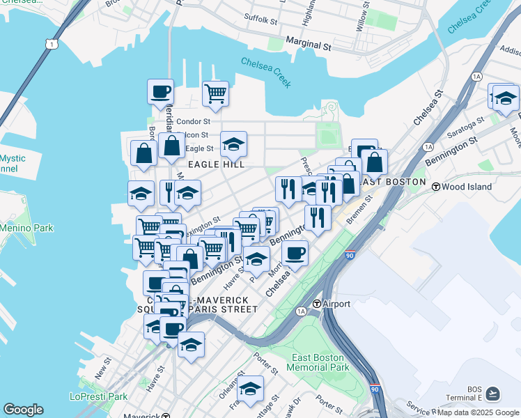 map of restaurants, bars, coffee shops, grocery stores, and more near 143 Princeton Street in Boston