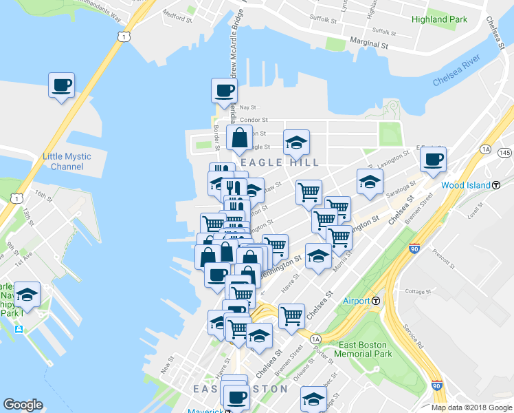 map of restaurants, bars, coffee shops, grocery stores, and more near 7 Trenton Street in Boston