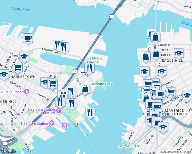 map of restaurants, bars, coffee shops, grocery stores, and more near 97 16th Street in Boston