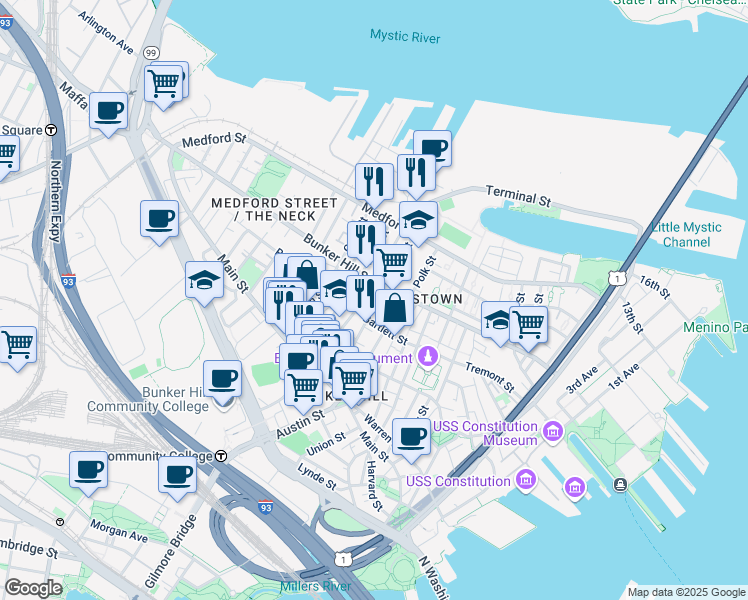 map of restaurants, bars, coffee shops, grocery stores, and more near 65 Green Street in Boston