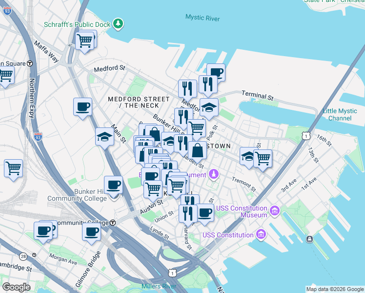 map of restaurants, bars, coffee shops, grocery stores, and more near 51 School Street in Boston