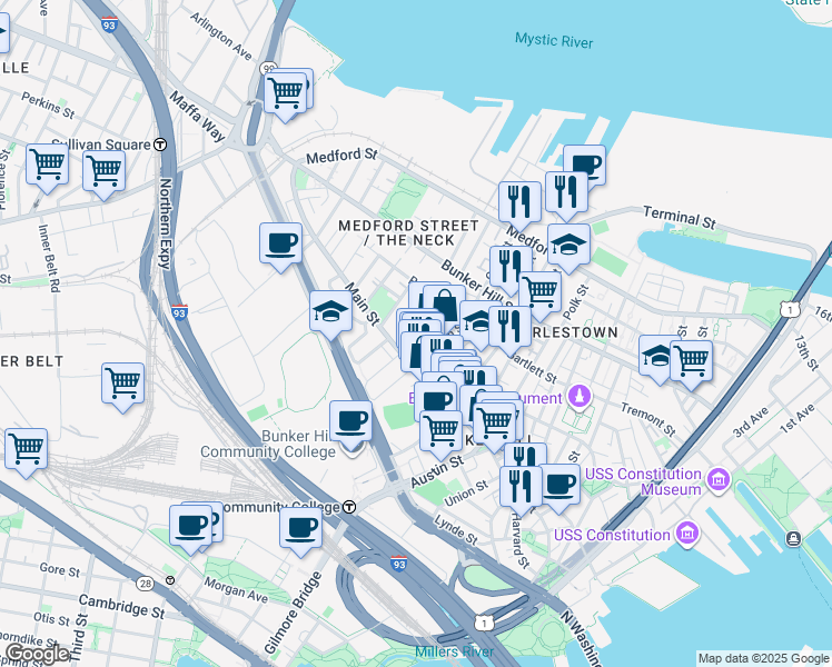 map of restaurants, bars, coffee shops, grocery stores, and more near 14 Sullivan Street in Boston