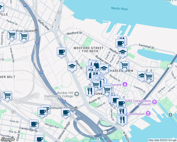 map of restaurants, bars, coffee shops, grocery stores, and more near 14 Sullivan Street in Boston