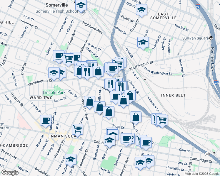 map of restaurants, bars, coffee shops, grocery stores, and more near 03 Rossmore Street in Somerville