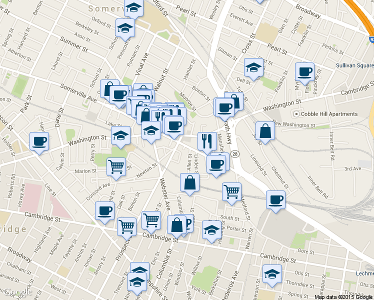 map of restaurants, bars, coffee shops, grocery stores, and more near 21 Allen Street in Somerville