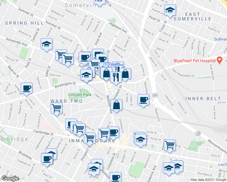 map of restaurants, bars, coffee shops, grocery stores, and more near in Somerville