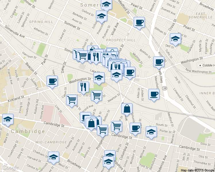 map of restaurants, bars, coffee shops, grocery stores, and more near 16 Lincoln Parkway in Somerville